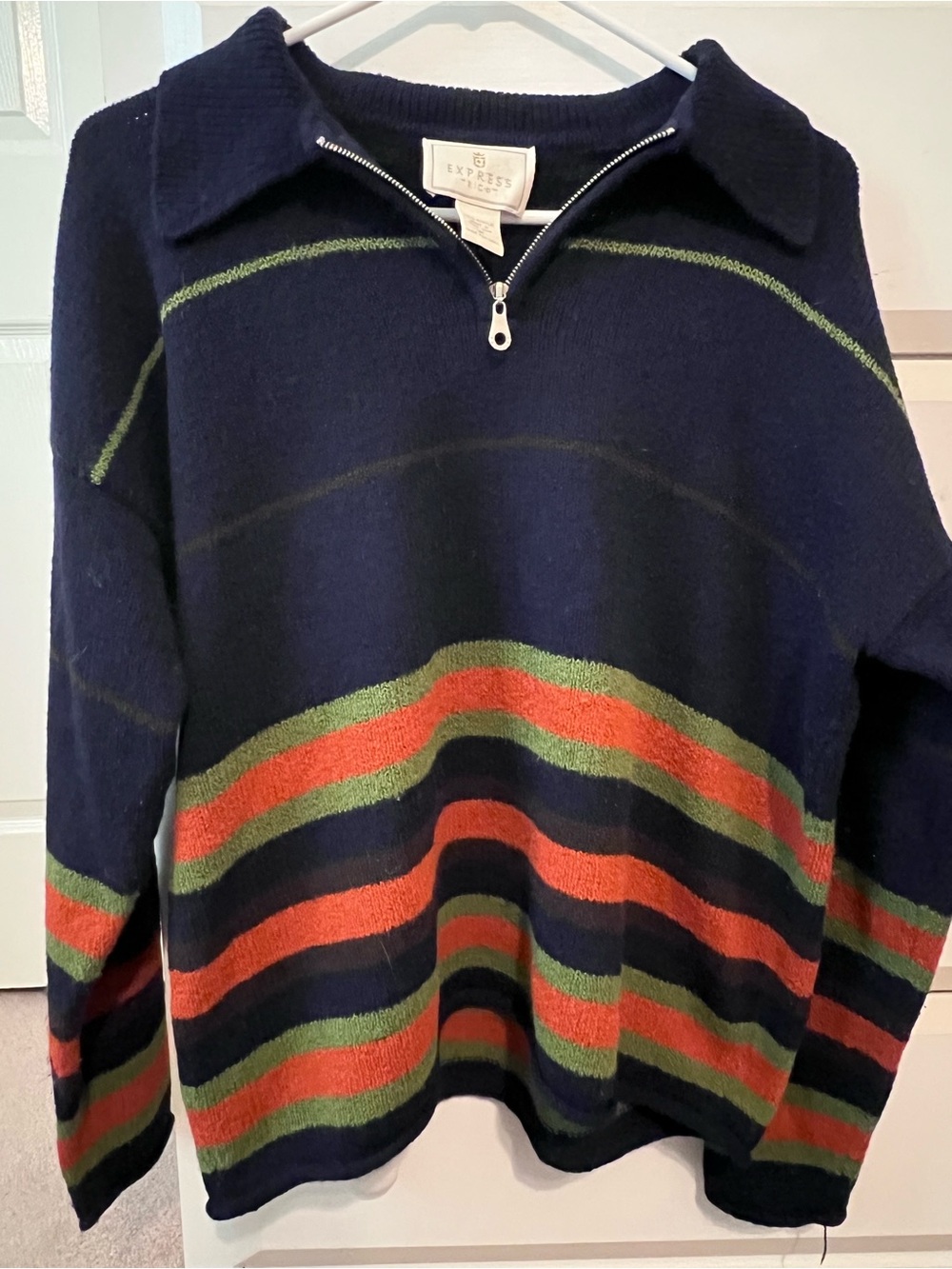 Vintage Express Navy Quarter-Zip Stripe Sweater- Navy with Green & Orange Stripe